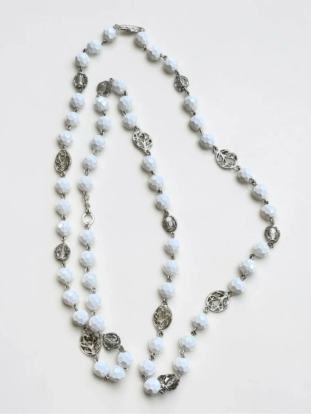 Long White Faceted Glass Crystal Medallion Silver Tone Station Necklace